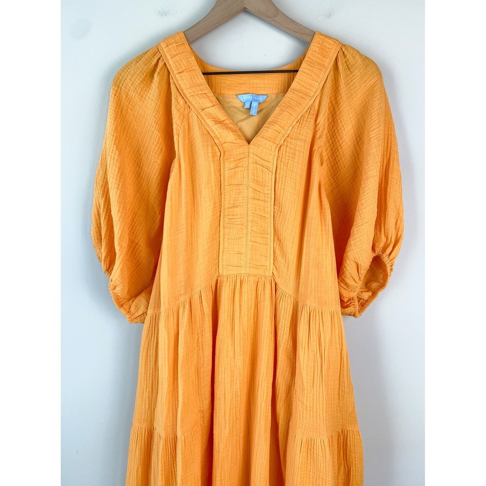 Draper James Chloe V Neck Midi Dress S Orange Crinkle Cotton Tiered Puff Sleeve - Picture 3 of 12